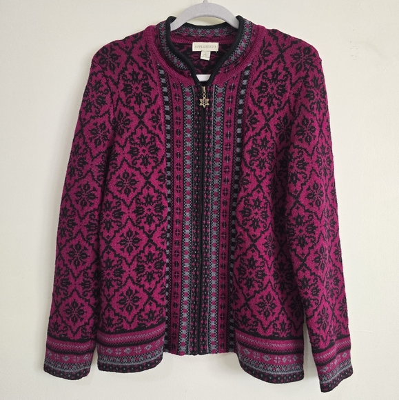 Appleseed's Sweaters - Appleseeds Oslo Zip Up Cardigan Sweater Pink and Black Patterned Size Large
